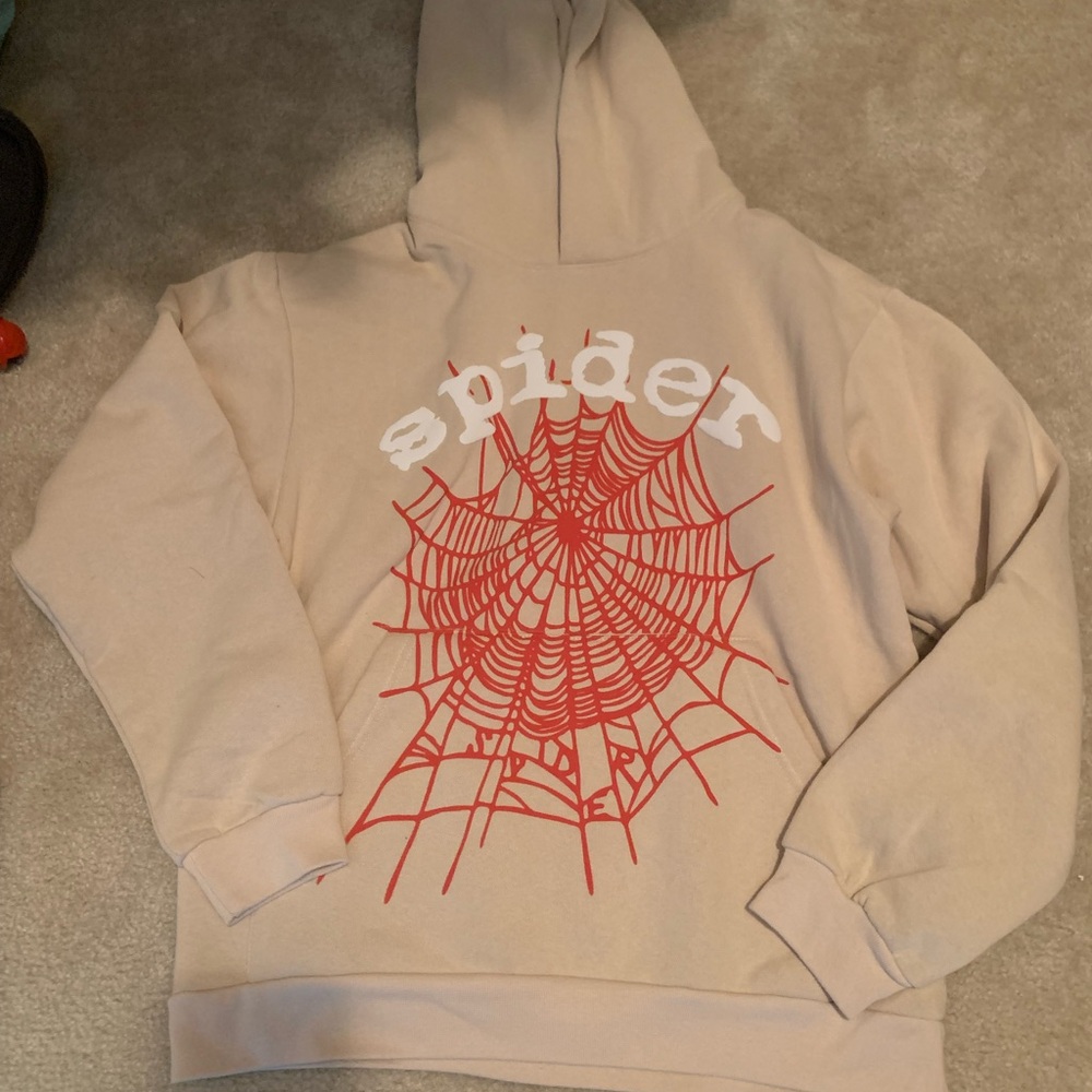 Red and Tan Pullover Hoodie with Spider Web Design